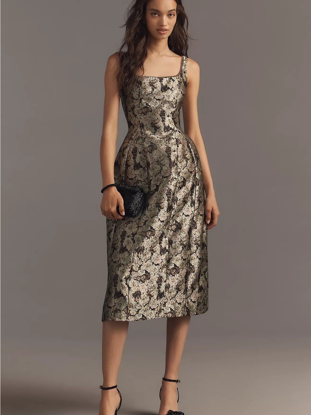 Anthropologie Maeve Floral Jacquard Chain Trim Fit & Flare Midi Dress Size 6